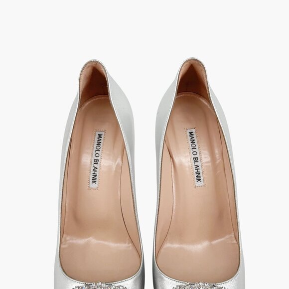 Manolo Blahnik Hangisi Pumps Heels Silver Size 39 US 9 Women Crystal Buckle - Picture 5 of 15